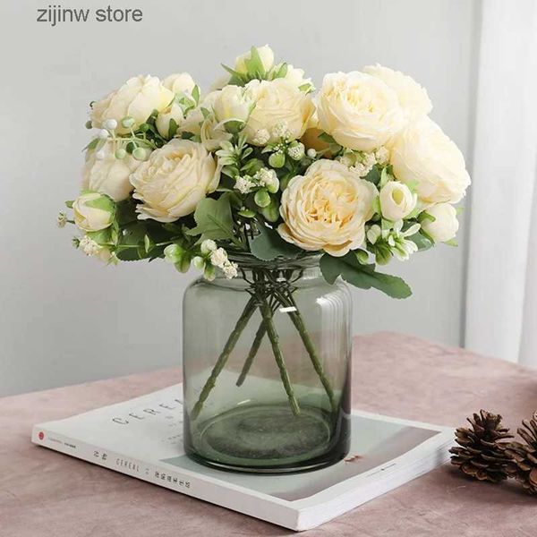 Sahte çiçek yeşillikleri güzel gül şakayık yapay ipek çiçekler küçük beyaz buket vazolar ev partisi kış düğün dekorasyonu ucuz sahte bitki y240322