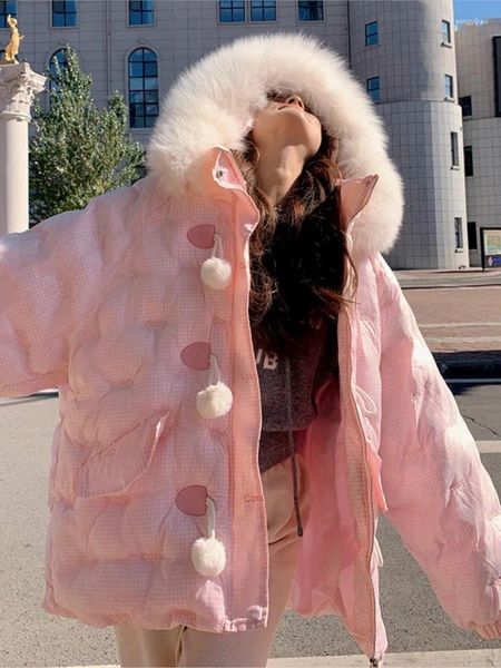 Trench da donna Rosa Kawaii Giù Cappotto di cotone per le donne 2024 Inverno Breve studente Pane addensato caldo con cappuccio Pelliccia artificiale