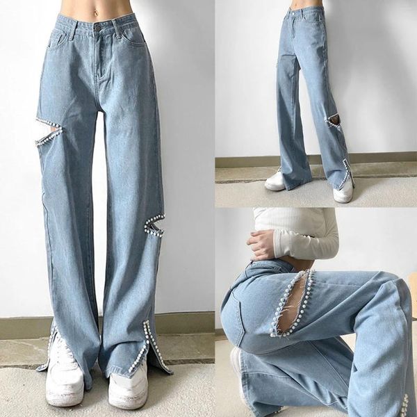 Jeans femininos y2k calças jeans para mulheres oco para fora rasgado pérola beading split chão comprimento verão coreano streetwear azul calças casuais