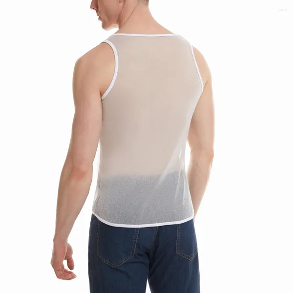Herren-Tanktops, glänzendes Mesh-Muskelweste, sexy durchsichtiges Unterhemd, männliches Fitnessstudio, Fitness, weiches transparentes ärmelloses T-Shirt