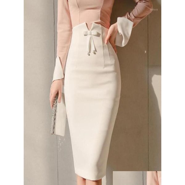 Gonne Plus Size Office Ladies Vita alta Fiocco Bianco Donna Gonna tubino Y Hip Pacchetto Femme Lavoro Business Women13508199 Drop Delivery A Otvtk