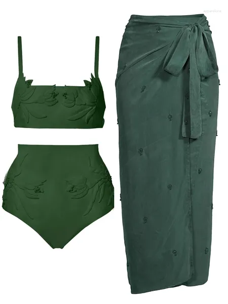 Kadın Mayo Düz Renk Üç Boyutlu Kabartmalı Desen Lotus Baskı Moda Vintage Bikini Seti ve Örtünür 2024 EST Yaz