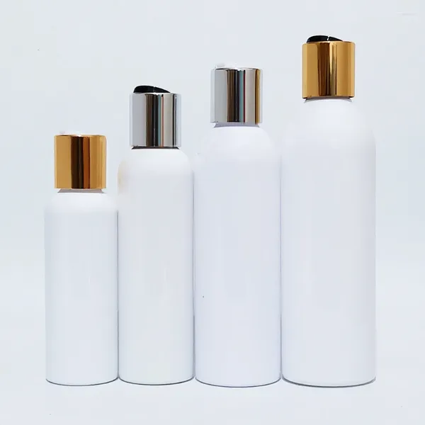 Aufbewahrungsflaschen 30 Stück 100 ml 150 ml 200 ml 250 ml weiße leere PET-Reiselotion-Flasche Goldscheiben-Top-Kappen-Presse ätherisches Öl DIY SPA