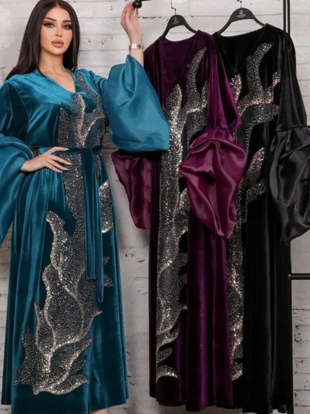 Roupas étnicas Médio Oriente Indonésia Robe Gold Velvet One-Peça Vestido Tridimensional Lantejoula Bordado Puff Manga Grande Tamanho