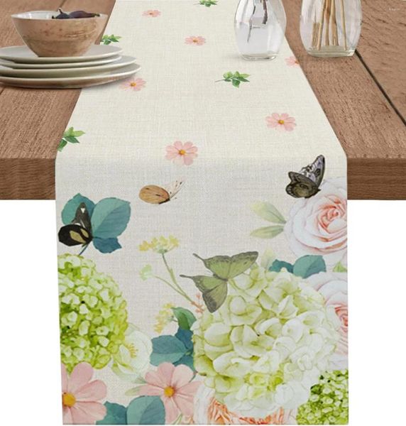 Pano de mesa verde hortênsia flores borboleta linho corredor cômoda lenços decoração cozinha jantar festa de casamento