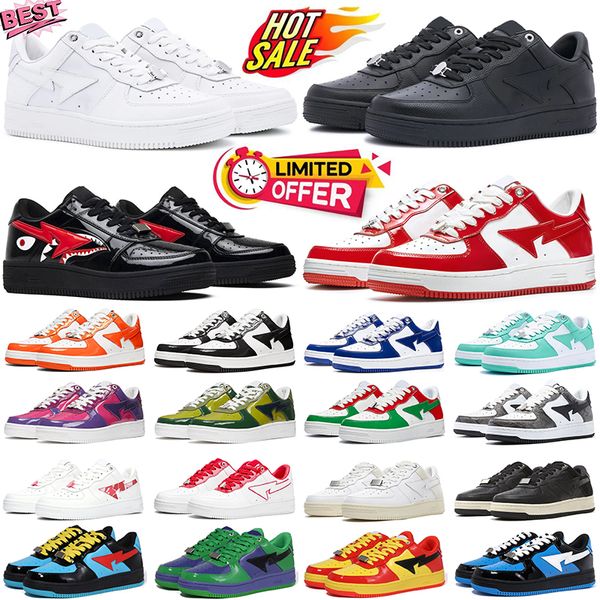 Homens Mulheres Sapatos Ao Ar Livre Mens Running Sneakers Bapesta Plataforma Low Top Tubarão Triplo Preto Branco Camuflagem Skateboarding Patente Azul Vermelho Camo Combo Sport Trainers