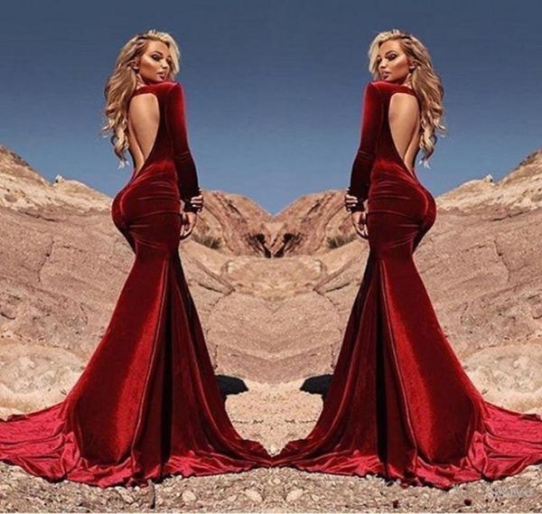 Sexy cabido sereia vermelho escuro veludo vestidos de baile 2019 vestidos de fiesta mangas compridas ruched sem costas celebridade vestido de noite 6545378