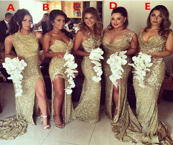 2023 Seksi Artı Boyut Altın Sequin Sparkly Nedime Elbiseleri Robe Demoiselle Gelin Prom Partisi Elbisesi Nedime için