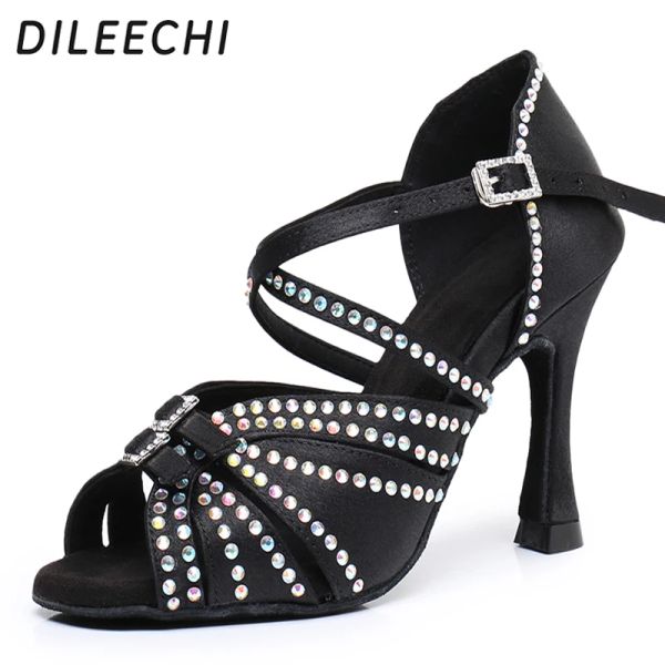 Sapatos Sapatos de dança latina Dileechi Mulheres Black Cetin Rhinestones