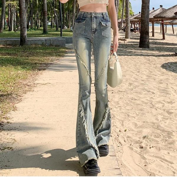Jeans da donna con bordo ruvido Micro-La pantaloni a campana lunghi slim a vita alta moda vintage primavera autunno 2024