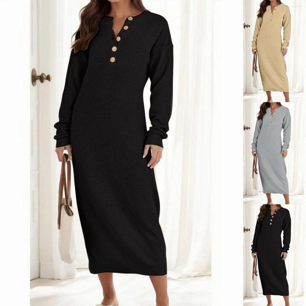 Casual Kleider Übergroße Lose Stricken Pullover Kleid Frauen Langarm Taste V-ausschnitt Maxi Elegante Outwear 2024 Winter Streetwear Robe