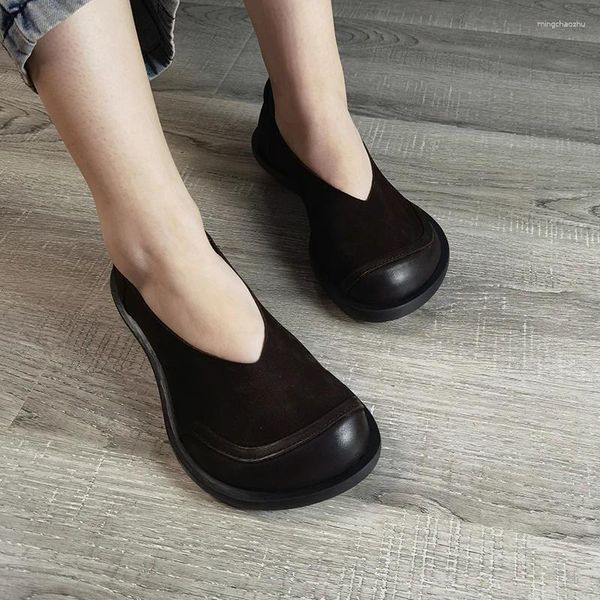 Casual Schuhe Müßiggänger Frauen Leder Herbst Handgemachte Echte Wohnungen Retro 2024 Slip Auf Faule Dame Chinesische Alte