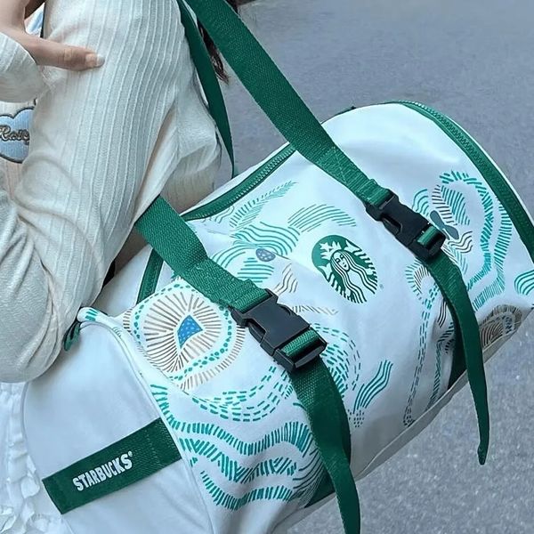 2024 Novo designer Starbucks moda ao ar livre sacola de viagem Esportes fitness Yoga grande capacidade mulheres homens branco saco de armazenamento de lona verde