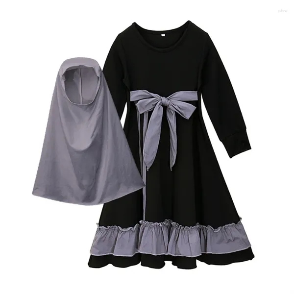 Этническая одежда, черные мусульманские комплекты Абая Рамадан, халат для девочек из 2 предметов, исламское детское хиджаб, молитвенное платье, Дубай, Турция, кафтан, платье