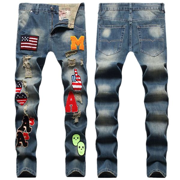 Estilo hip hop multi posição zhangzi toalha inferior bordado buraco cor retro pequeno barril reto jeans masculino