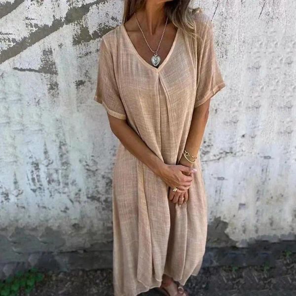 Casual Kleider V-ausschnitt Lose Kleid Frauen Böhmischen Stil V-ausschnitt Sommer Für Weiche Atmungsaktive Mid-kalb Länge Strand Midi