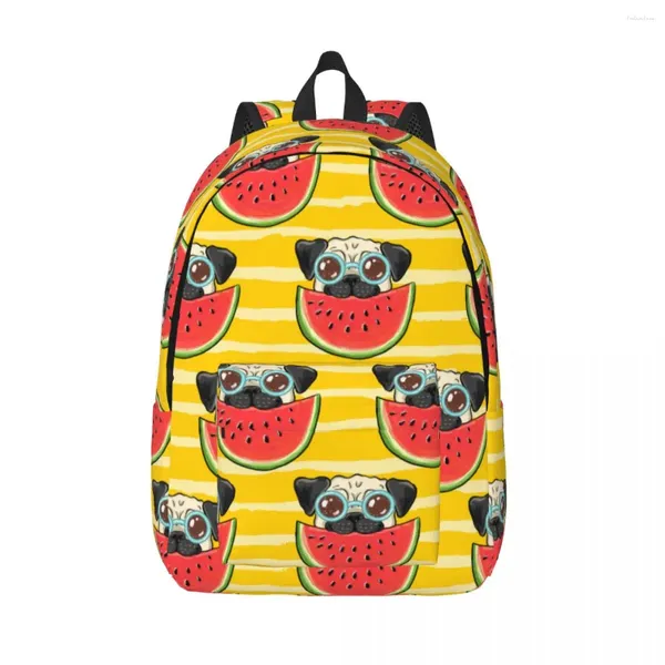 Mochila escolar estudante verão pug e melancia ombro bolsa para laptop escola