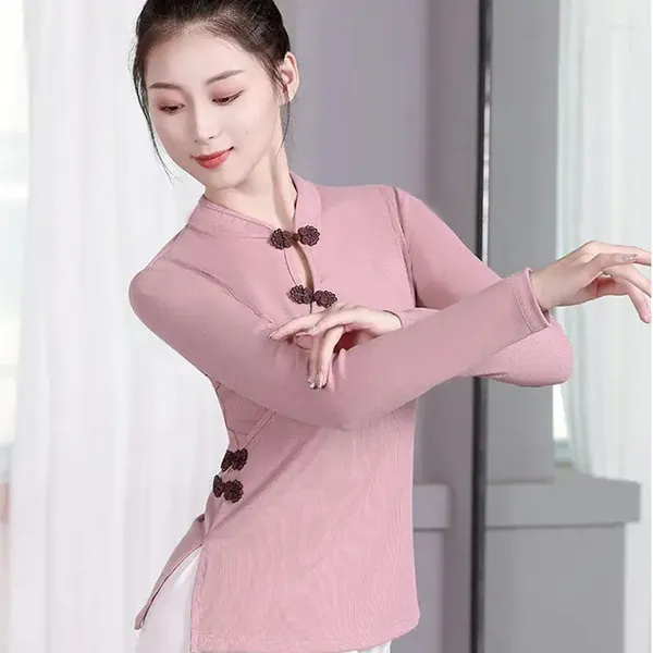 Abbigliamento etnico Cheongsam Donna Taglie forti Top 2024 Primavera Tessuto misto cotone Splicing Stripe Irregolare stile cinese Danza Qipao Camicie