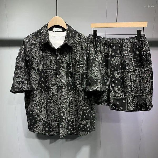 Tute da uomo Abbigliamento uomo 2024 Estate stampato camicia a maniche corte Set completo coreano moda vintage casual risvolto allentato set corti