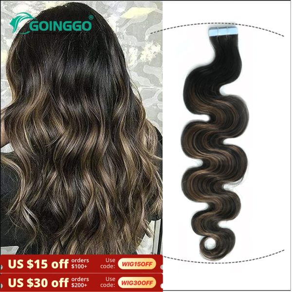 Extensions Balayage Tape In Haarverlängerungen Echthaar Körperwelle Natürliches Schwarz Highlight Kastanienbraun Tape Ins Extensions 2,5 g/Stück 20 Stück