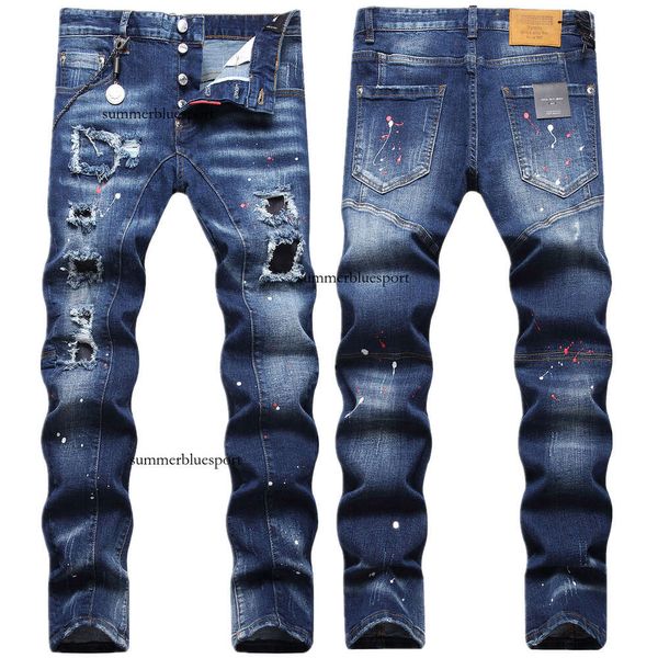 Jeans ricamati da uomo slim fit alla moda con piede piccolo con toppa con fori rotti, pantaloni da mendicante con schizzi di vernice elastica, marea