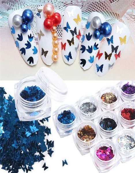 Nails Tasarım için 12 PC Nails Art Butterfly Floresan Renkli Sequins Tırnak Çivi Çivi Dekoru Fransız Manikürü 3D Sticker 09288672243