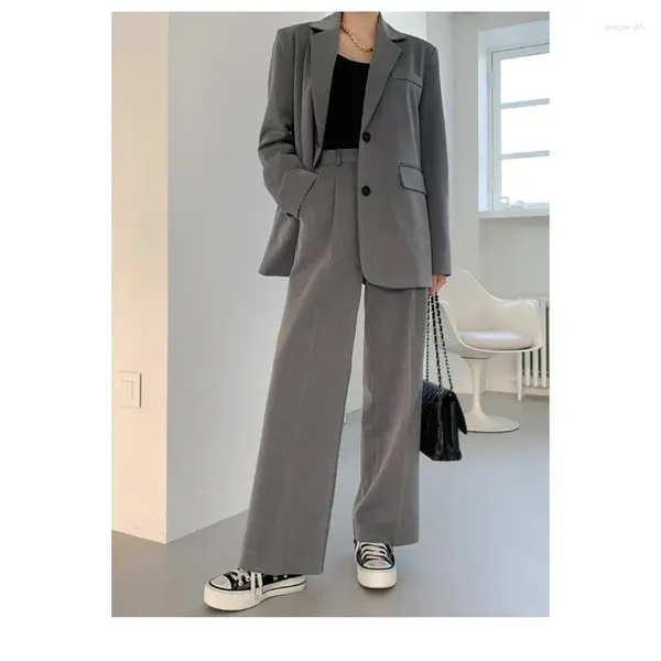 Zweiteilige Hosen für Damen Insozkdg Frauen Herbst Vintage Anzug Mantel Weites Bein Hose Set Pendler Einfarbig Zweireihige Outfits
