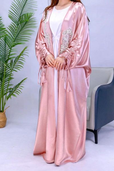 Ethnische Kleidung Eid Ramadan Abaya Glänzender Satin Muslimische Frauen Perlen Fledermausärmel Offene Strickjacke Kimono Kleider Türkei Dubai Kaftan Arabische Robe