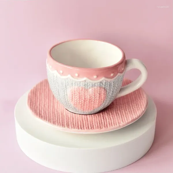 Copos pires de malha amor xícara de café bonito placa cerâmica conjunto criativo menina rosa presente europeu chá da tarde café da manhã leite caneca aveia
