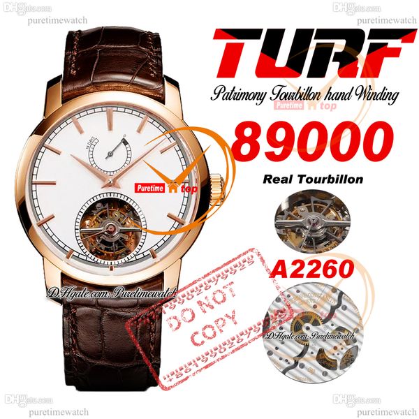 Patrimony Geleneği 89000 Gerçek Tourbillon Manuel Sargı Erkekleri Saat Çim Güç Rezervi Gül Altın Beyaz Dost Kahverengi Deri Süper Baskı Puretime Reloj PTVC F2