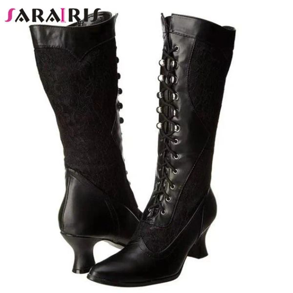 Stivali Sarairis Big Size 48 Stivali femminili comodi caldi strani stile puntato puntato zip medicolo tacco crossato cosplay midcalf women stivali