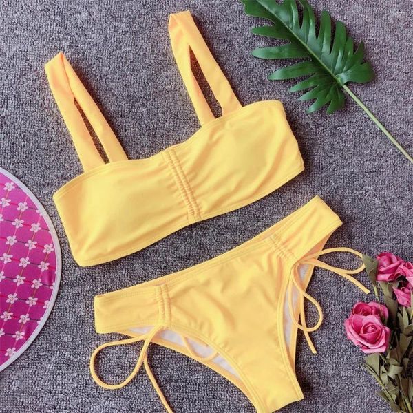 Roupa de banho feminina y2k biquíni com cordão maiô plissado com tiras roupa de praia micro biquinis conjunto de tanga natação biquini