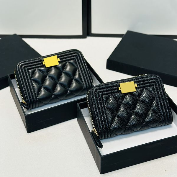 Mulheres designer preto pele de cordeiro/caviar couro titular do cartão com zíper bolsa sacos multi pochette moeda grande capacidade bolsa com ouro metal embreagem chave bolso 10x5cm