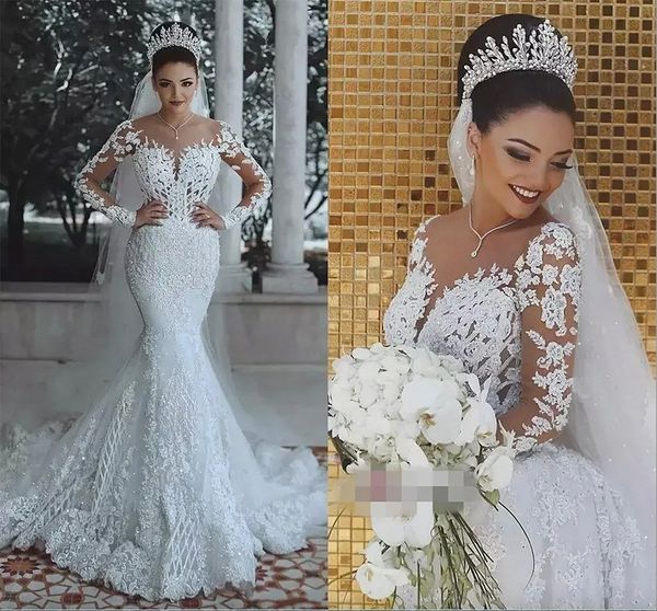 Ultimi abiti da sposa scoop a sirena maniche lunghe applique con cerniera abiti da sposa abiti da sposa di lusso