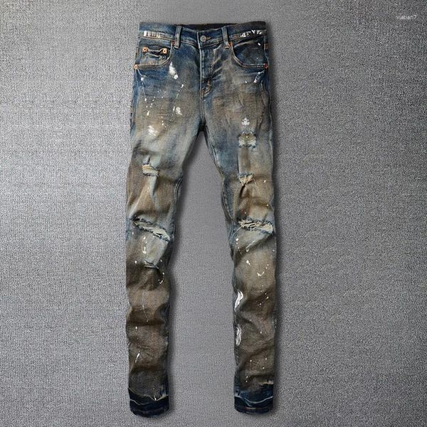 Jeans masculinos homens rasgados buraco design elástico magro jean de alta qualidade salpicos tinta hip hop estilo calças para pantalon vaqueros hombre