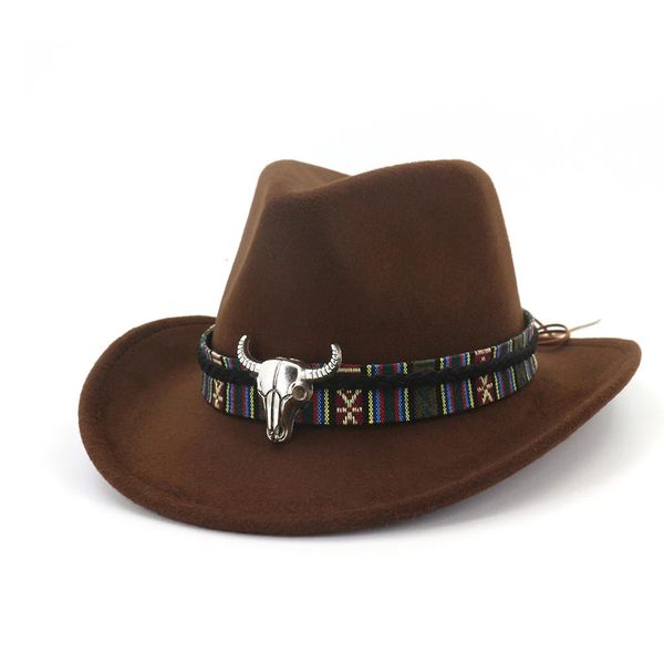 Mode Männer Frauen Western Cowboy Hut Mit Kuh Kopf Band Breite Krempe Hut Pop Jazz Hut Winter Wolle Hut größe 56-58CM 240314