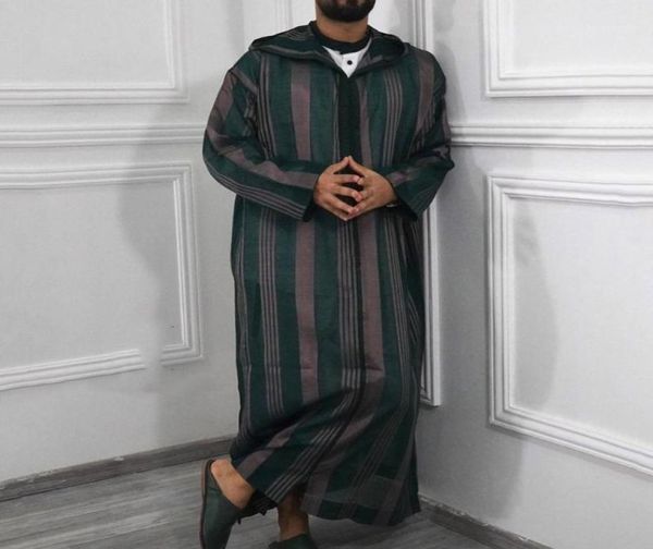 Abbigliamento etnico Moda Jubba Thobe Uomo Abaya Abito musulmano con cappuccio a righe Dubai Arabo Caftano Islamico Qamis Arabo Turk Abito Camicetta 5432044