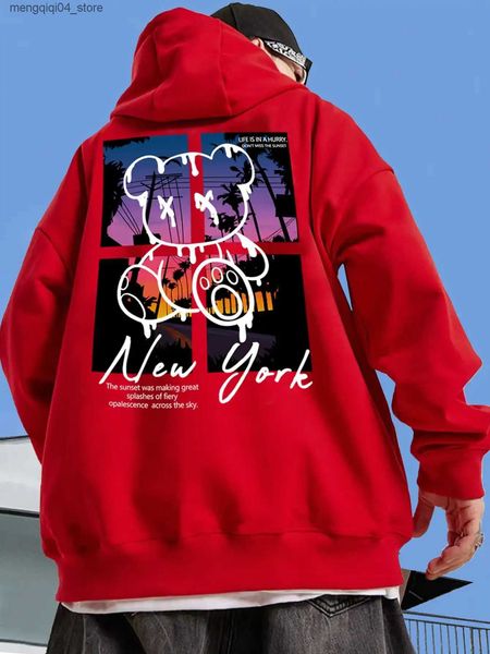 Moletons masculinos moletom New York Art Word Cartoon Bear Sunset Cenário Design Roupas Masculinas Hip Hop Street All-Match Pocket Pullovers Mens Hoody Q240322