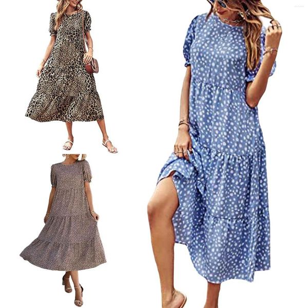 Casual Dresses Polka Dot Plaid Print Robe Max Kleid Büro Dame Puff Sleeve Tennis Strand Patchwork Lose Urlaub Party Lange Vestidos