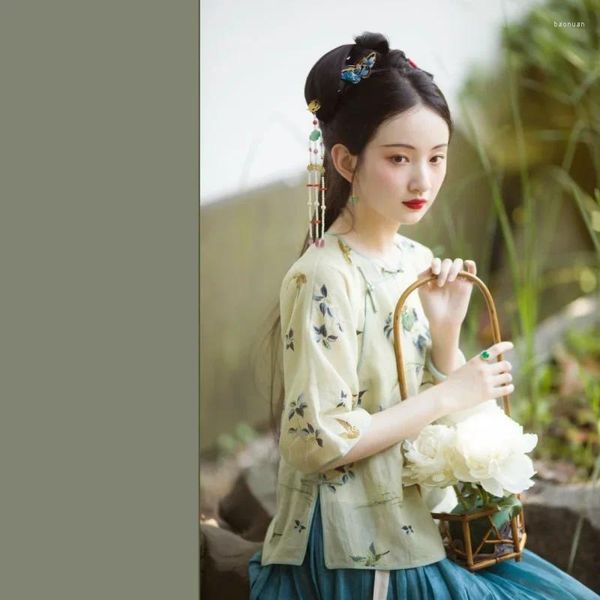 Ethnische Kleidung Chinesisches traditionelles Hanfu Frisches und tägliches, großärmeliges, lockeres Blusen-Damen-Gelb-Kurz-Performance-Tang-Anzug-Oberteil