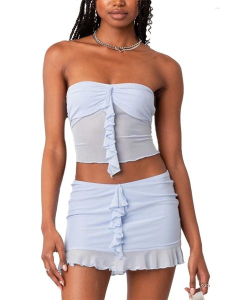 Freizeitkleider LOSIBUDSA Damen Y2K 2-teiliges Minirock-Set, trägerloses Mesh-Rüschen-Quasten-Röhrenoberteil und figurbetonte Sommer-Outfits (Blau L)