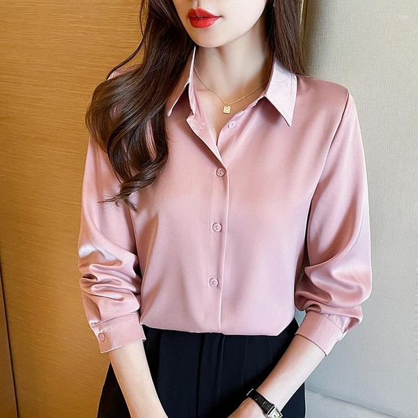 Camicette da donna Camicia Top da donna Primavera 2024 Office Lady Stile coreano Manica lunga Solido sciolto monopetto Vino Rosso Viola Camicie da donna