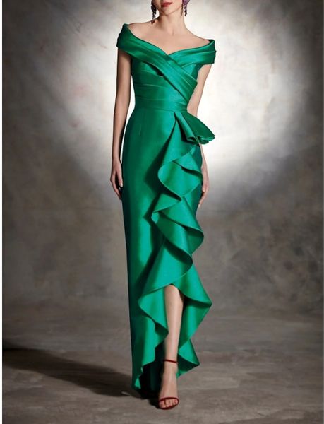 Elegante lange grüne Satin-Kleider für die Brautmutter, Meerjungfrau, schulterfrei, gerüscht, Patenkleider, formelles Partykleid, bodenlange Damenkleider