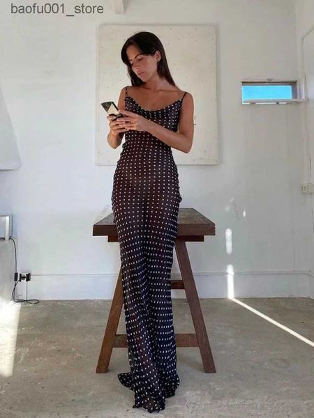 Grundlegende Freizeitkleider 2024 Schwarz Mode Polka Dots Sommerkleid Sexy Durchsichtiges Spaghettiträger Maxikleid Damen Sommerkleid Party Slip Kleid A1259 Q240322