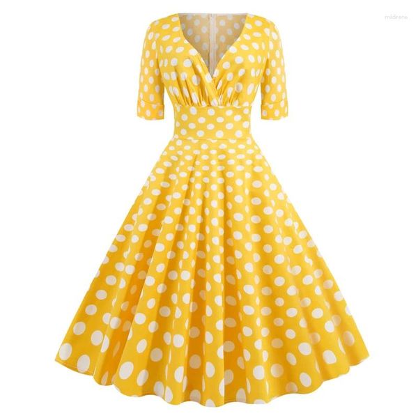 Partykleider Polka Dot Bedruckt Sommer Damen Casual Vintage Kleid Kurzarm V-Ausschnitt A-Linie Swing Pin Up Rockabilly Sommerkleid 50er 60er Jahre