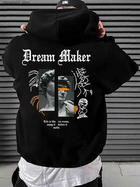 Moletons masculinos Moletons Dream Maker Brave Escultura Padrão Mens Roupas Criativas Bolso Hip Hop Outono Streetwear Fleece Casual Roupas Masculinas Q240322