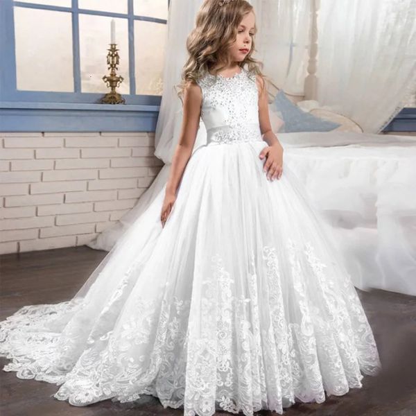 Trailing laço branco crianças vestido de casamento para meninas primeira comunhão noite vestidos de dama de honra crianças menina princesa festa 240318