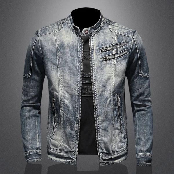 Amerikalı erkek kot ceket o boyun büyük boy vintage moto denim gündelik dış giyim patchwork fermuar yüksek cadde erkek ceket 240309