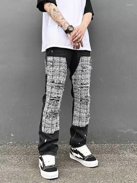 Jeans da uomo Pantaloni per il tempo libero stile hip-hop lavati con vernice spray in patchwork di lana scozzese in bianco e nero