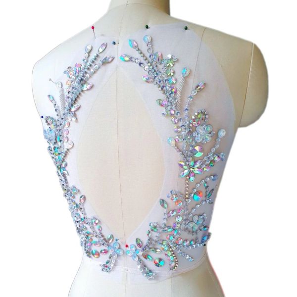 Acessórios feitos à mão costurar em roupas strass corpete traseiro design prata ab apliques para remendos de casamento decorações de vestido frisado